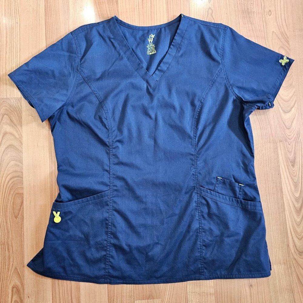 Vivi Navy Blue Scrub Top Chartreuse Green Accents Short Sleeve Women's XL